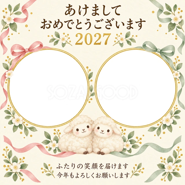丸い窓とリボンの無料年賀状イラスト