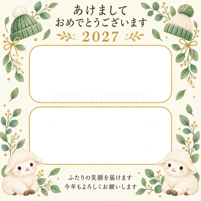 帽子と緑の葉の無料年賀状イラスト