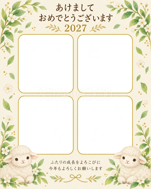 四つの窓と若葉の無料年賀状イラスト