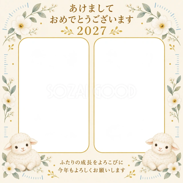 青い目盛りと白い花の無料年賀状イラスト