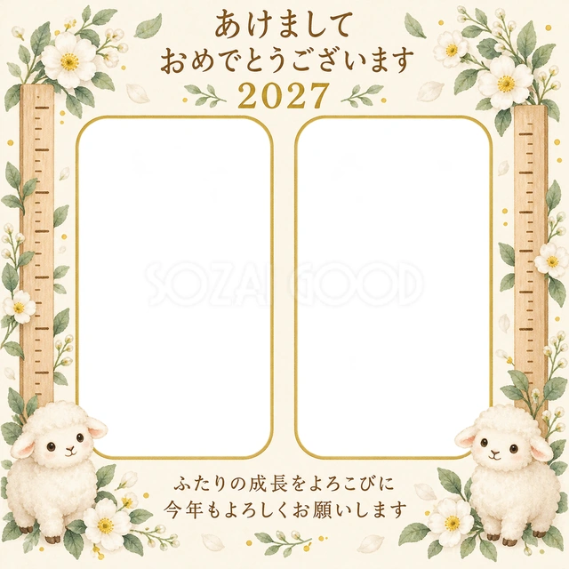 白い花と木の目盛りの無料年賀状イラスト