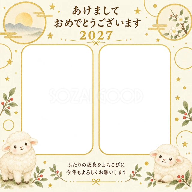 小さな星と金の輪の無料年賀状イラスト
