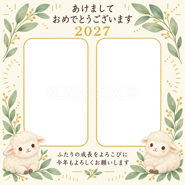葉と金色の目盛りの無料年賀状イラスト