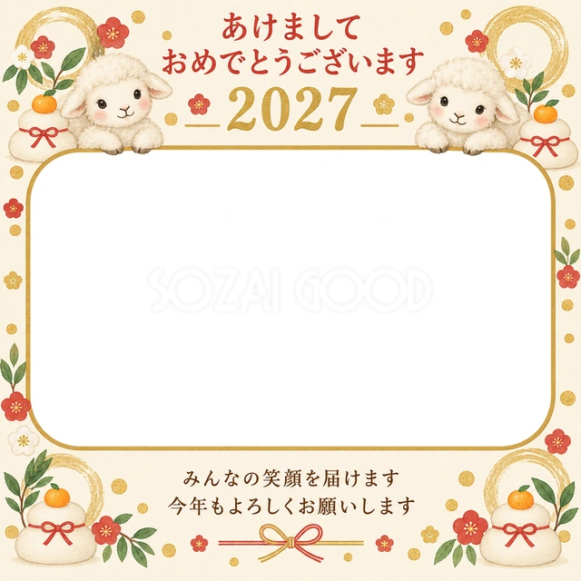 鏡餅と金の丸飾りの無料年賀状イラスト