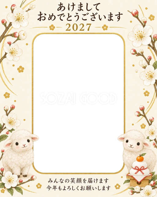 白梅と小さな鏡餅の無料年賀状イラスト