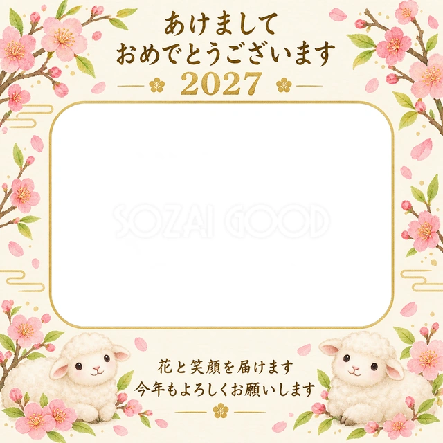 桃色の梅のお庭の無料年賀状イラスト