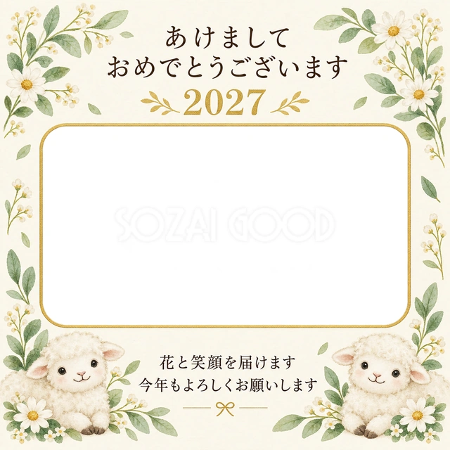 白い小花と若葉の無料年賀状イラスト