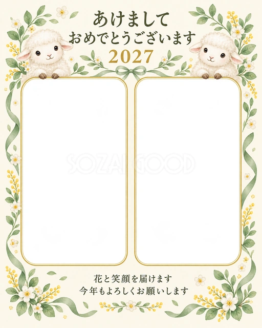 小花と緑の結び目の無料年賀状イラスト