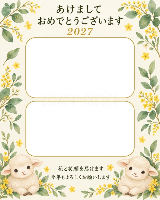 葉と黄色い小花の無料年賀状イラスト