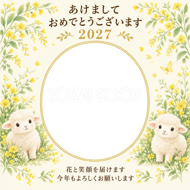 黄色い小花の庭の無料年賀状イラスト