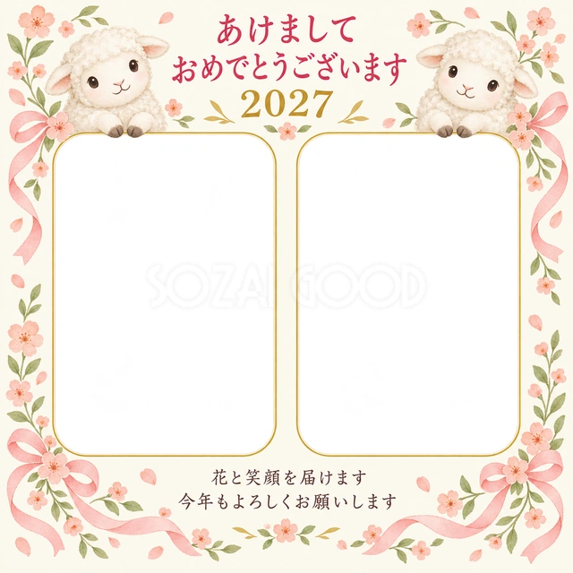 桃色の小花とリボンの無料年賀状イラスト