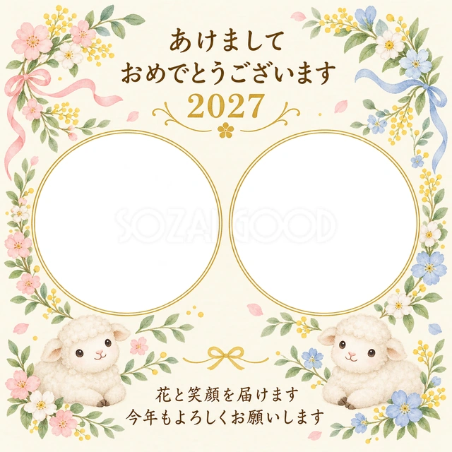 ふたつの花のリースの無料年賀状イラスト