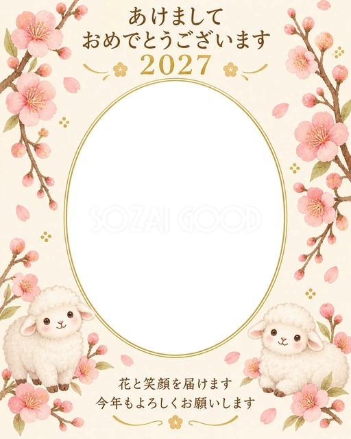 縦長の桃色の梅の無料年賀状イラスト