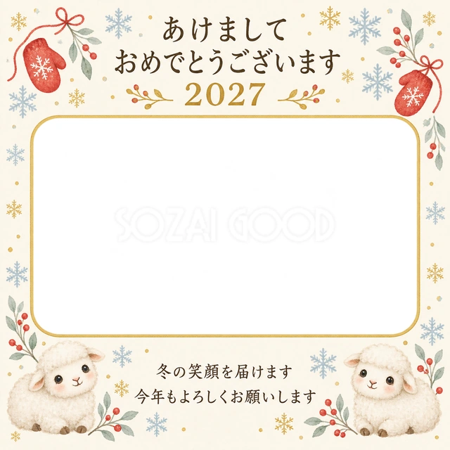 雪と赤い手袋の無料年賀状イラスト