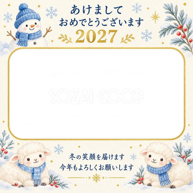 雪だるまと青い帽子の無料年賀状イラスト