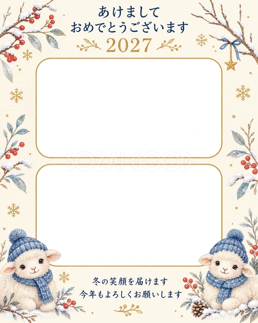 冬の枝と青い帽子の無料年賀状イラスト