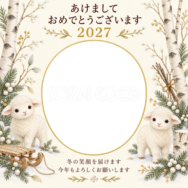 小さなそりと白樺の無料年賀状イラスト