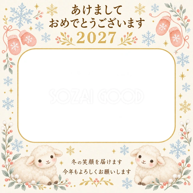 雪の結晶と桃色の手袋の無料年賀状イラスト