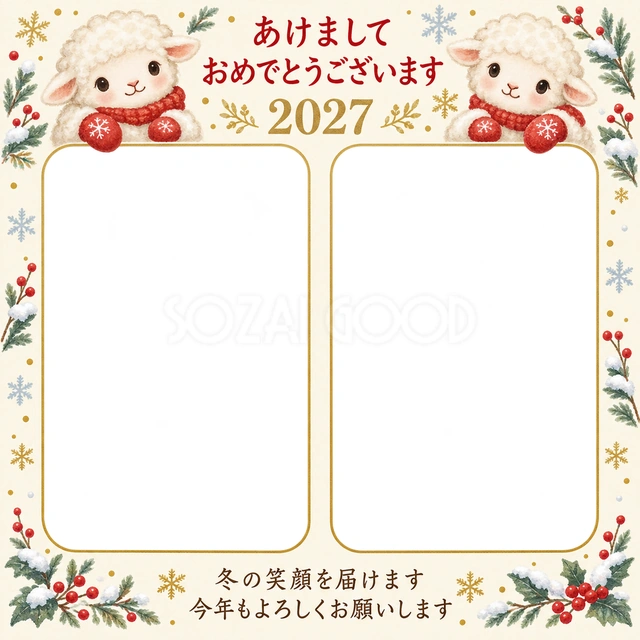 赤い手袋と白い雪の無料年賀状イラスト