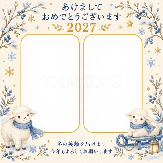 青いそりと冬の枝の無料年賀状イラスト