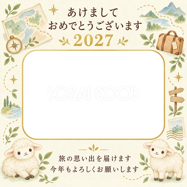 地図と小さなかばんの無料年賀状イラスト