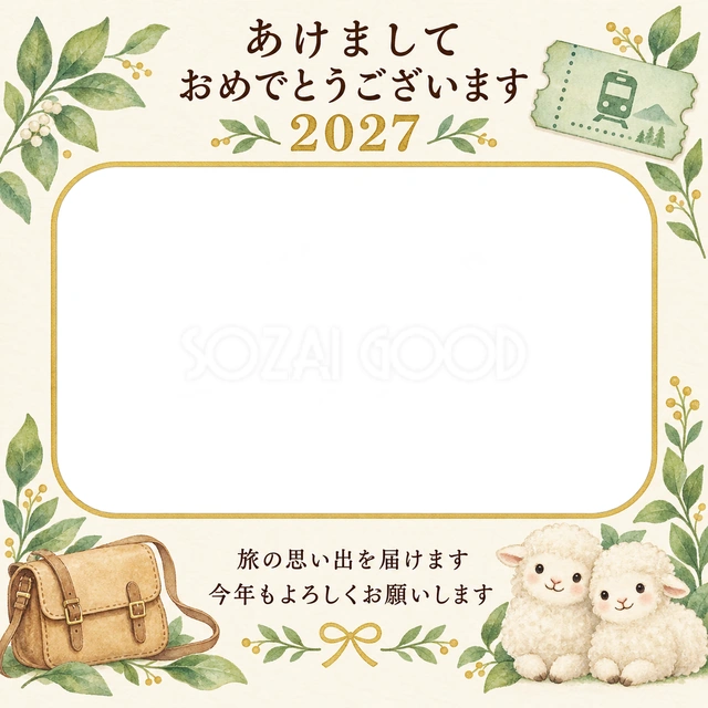 切符とかばんと緑の葉の無料年賀状イラスト