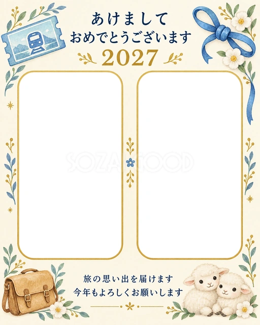 切符とかばんと青い結び目の無料年賀状イラスト
