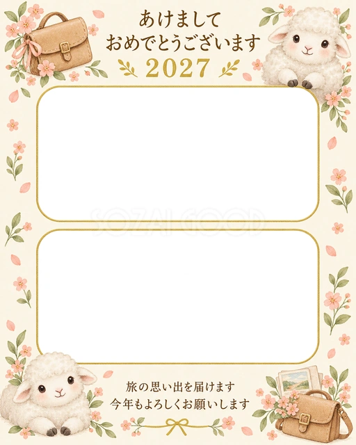かばんと桃色の小花の無料年賀状イラスト