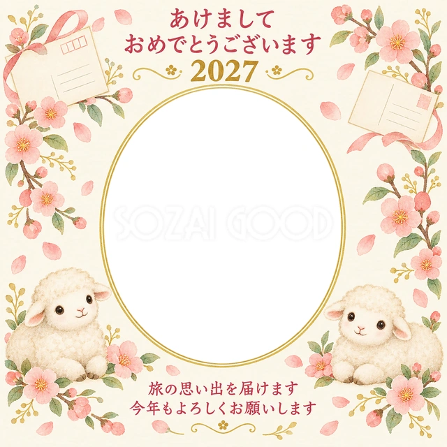 絵はがきと桃色の花の無料年賀状イラスト
