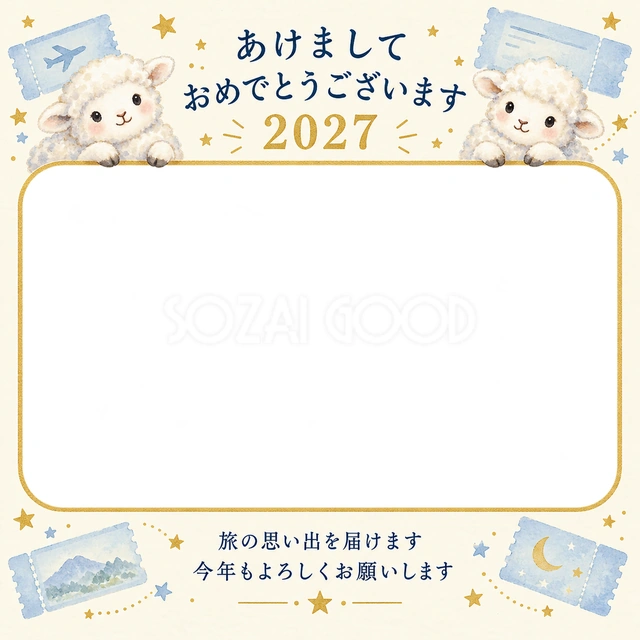 青い切符と小さな星の無料年賀状イラスト