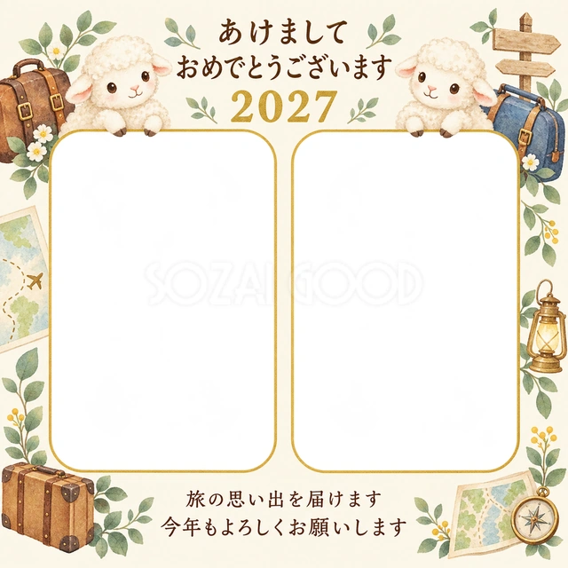 ふたりの旅のかばんの無料年賀状イラスト