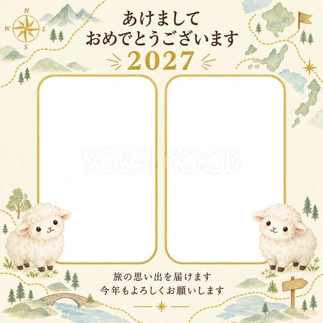 地図と金色の道の無料年賀状イラスト