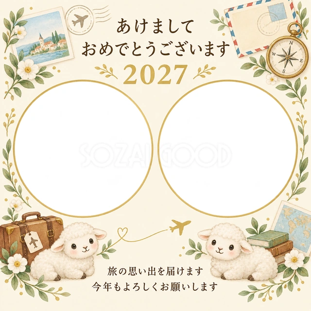 丸い窓と絵はがきの無料年賀状イラスト