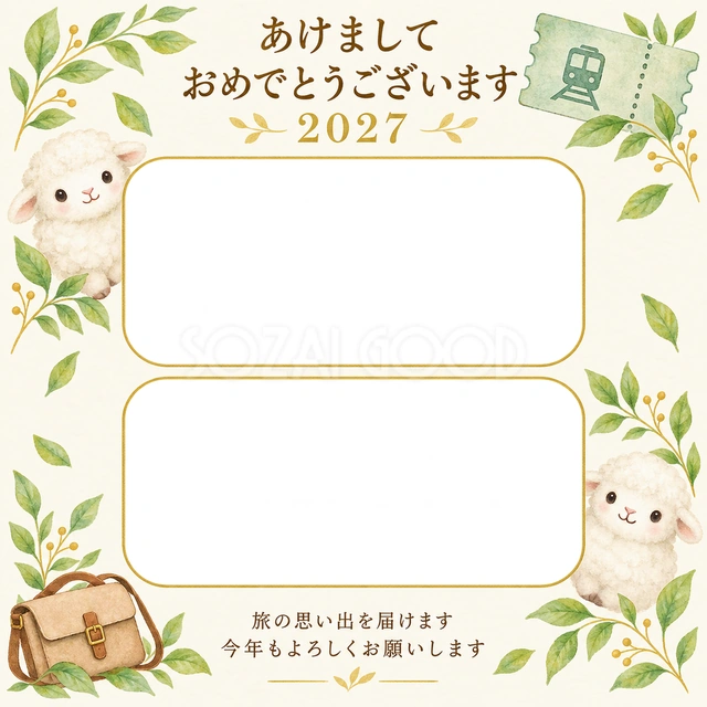 切符とかばんと若葉の無料年賀状イラスト