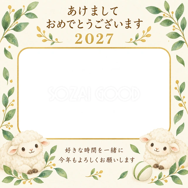 ボールと緑の葉の無料年賀状イラスト
