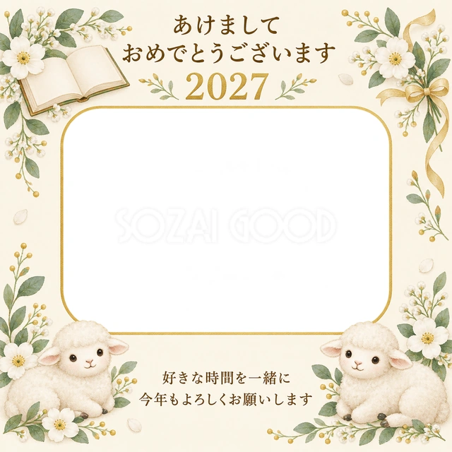 本と白い花の無料年賀状イラスト