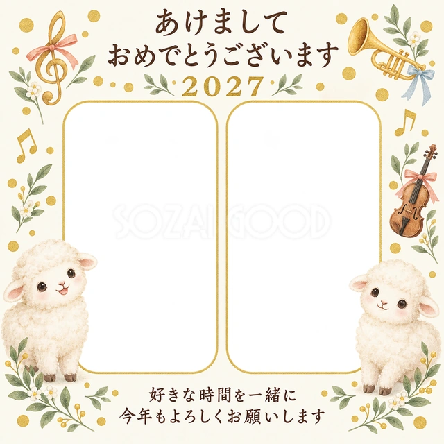 楽器と金の丸飾りの無料年賀状イラスト