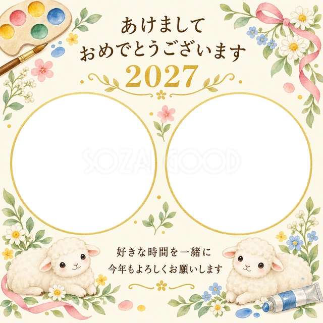 絵の具と丸い窓の無料年賀状イラスト
