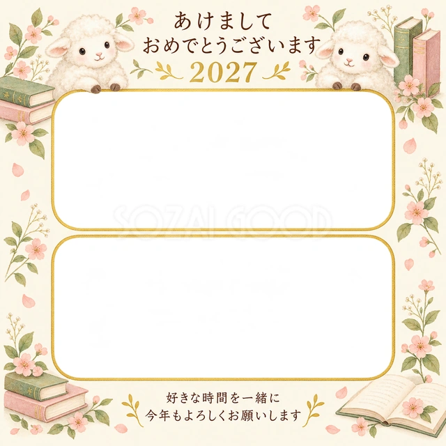 本と桃色の小花の無料年賀状イラスト
