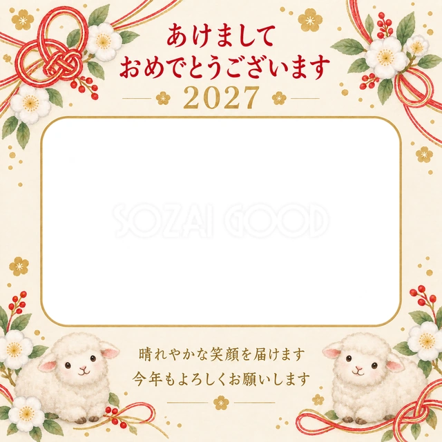 赤い水引と白い花の無料年賀状イラスト