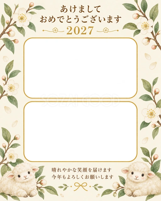 白梅と緑の葉の無料年賀状イラスト