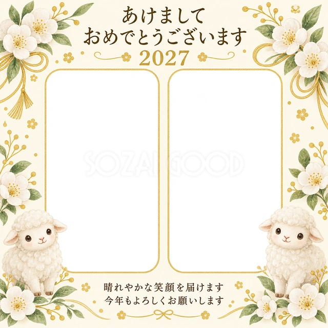 白い花と金の飾りの無料年賀状イラスト