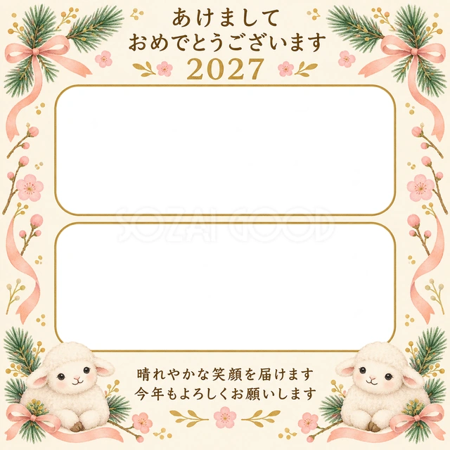 若松と桃色リボンの無料年賀状イラスト