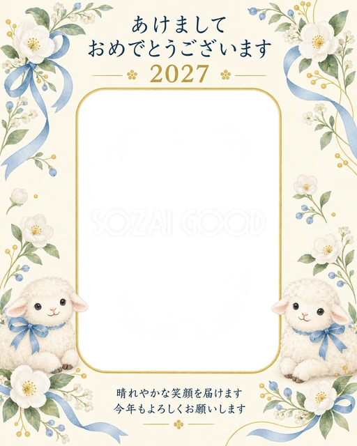白い花と青い結び目の無料年賀状イラスト