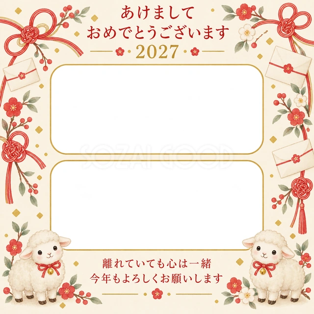 赤い結び目と手紙の無料年賀状イラスト