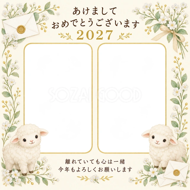 白い花と封筒の無料年賀状イラスト