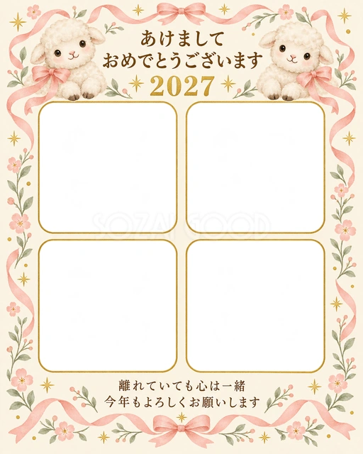 四つの窓と桃色リボンの無料年賀状イラスト