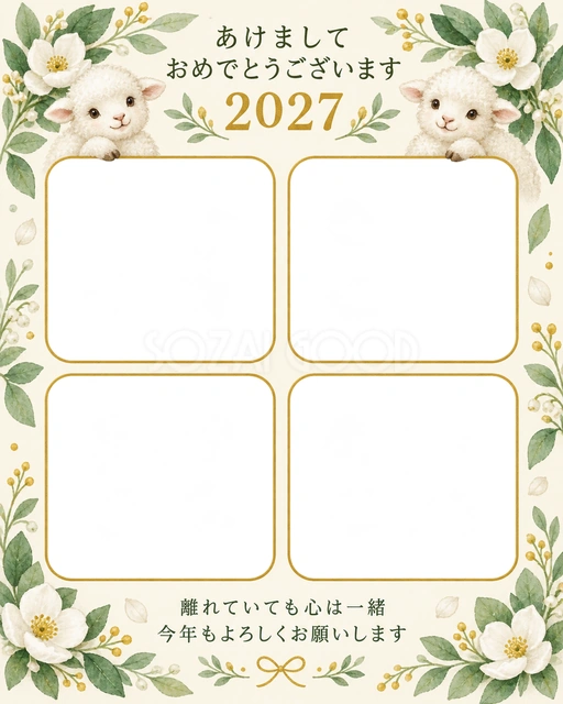 四つの窓と白い花の無料年賀状イラスト