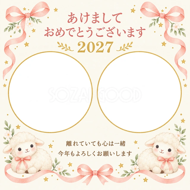 桃色リボンと小さな星の無料年賀状イラスト