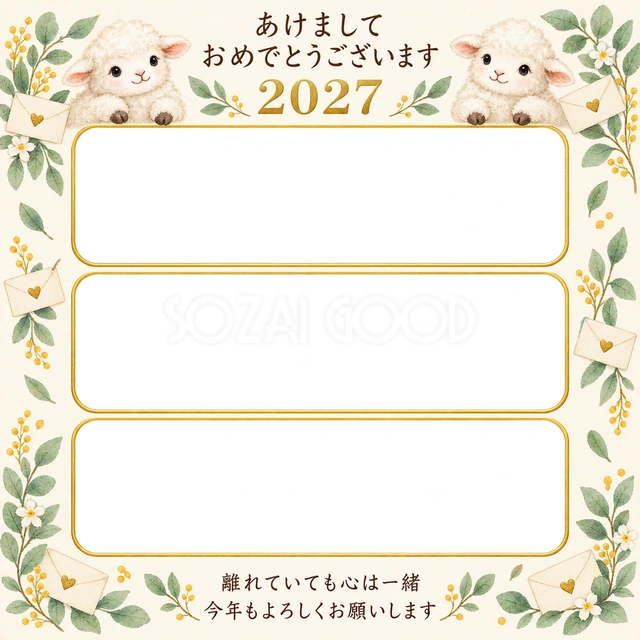 三つの窓と手紙の無料年賀状イラスト